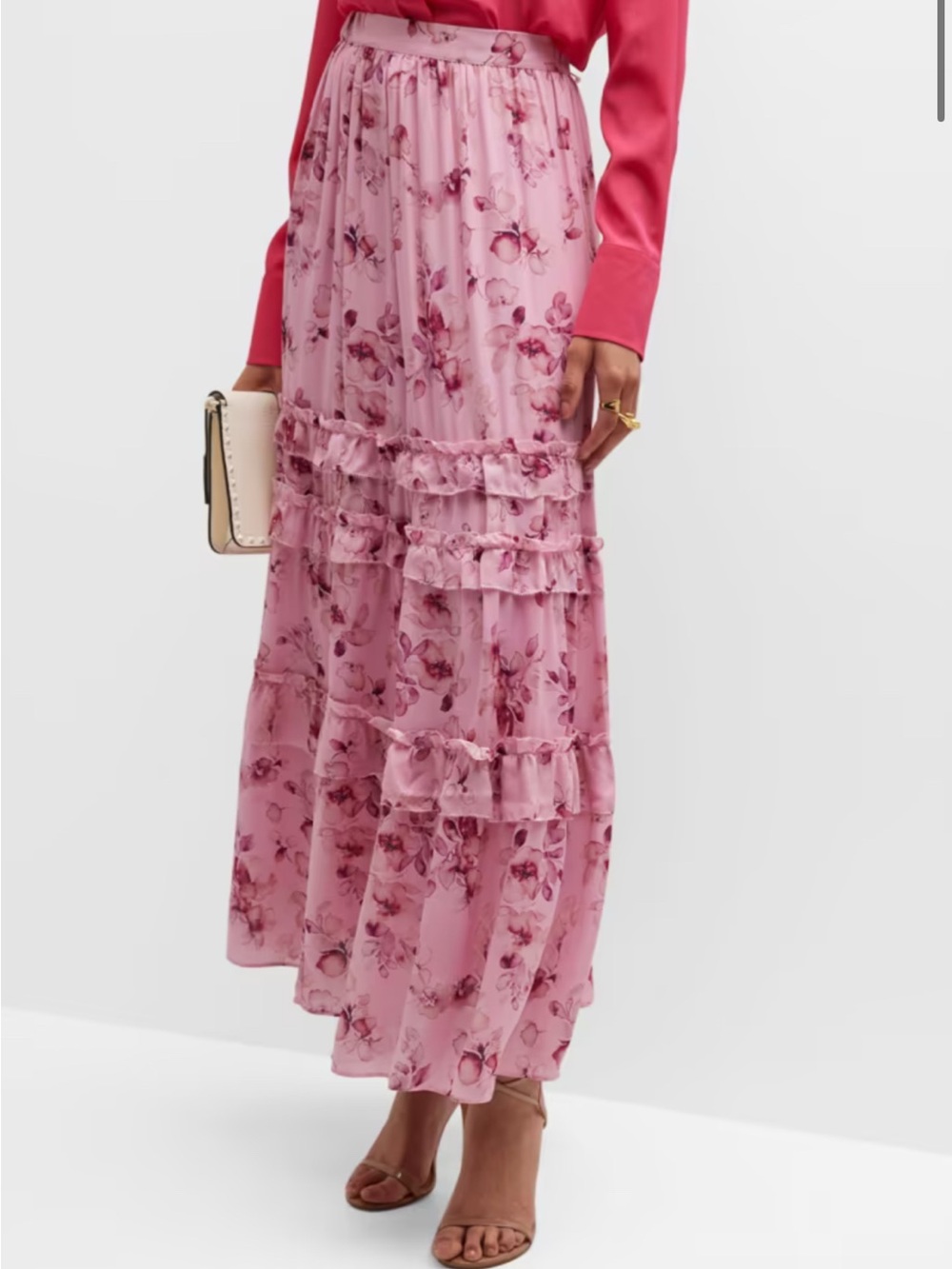 Cami NYC Liu Floral 100% Silk Tiered Ruffle Maxi Skirt Pink Floral Sold Out